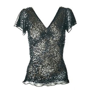 Andre Oliver Silk Beaded Sequin Sheer Black Blouse